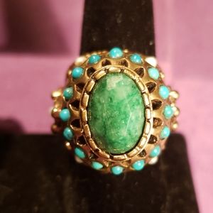 Green Beryl, Turquoise, Pearl Bronze Ring
